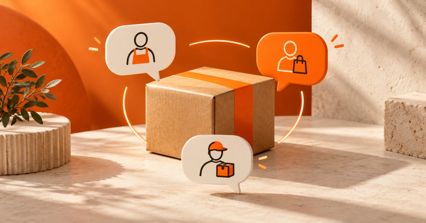 Une conversation par colis : vendeur, client et livreur