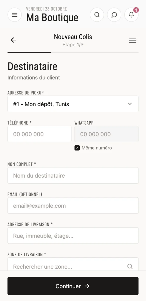 Création d'un colis dans BizGo