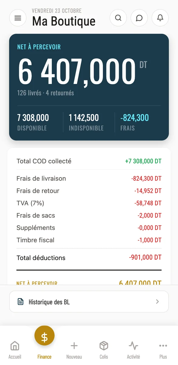 Écran Finance de BizGo