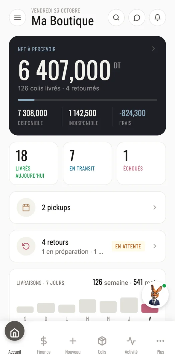 Écran d'accueil de BizGo : net à percevoir, livrés du jour, pickups et retours