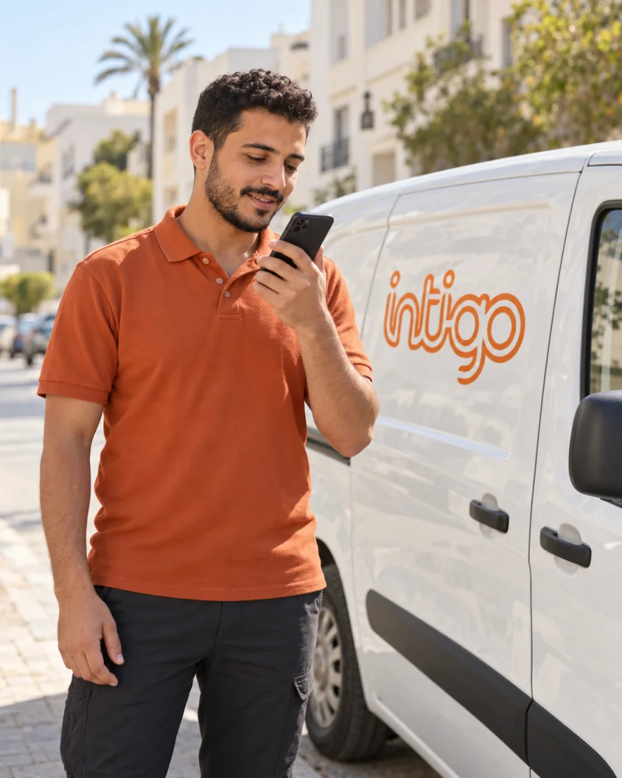 Un livreur INTIGO envoie un message vocal près de sa camionnette